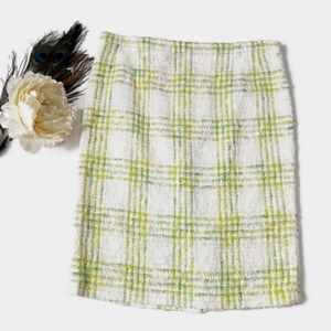 Tweed Check Boucle Skirt Vintage 90s Plaid Above Knee Straight Metallic White 36